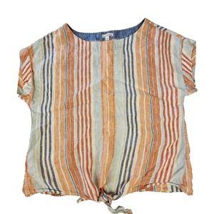 LL Bean Signature Women's Large Linen Striped Front Tie Short Sleeve Top Shirt